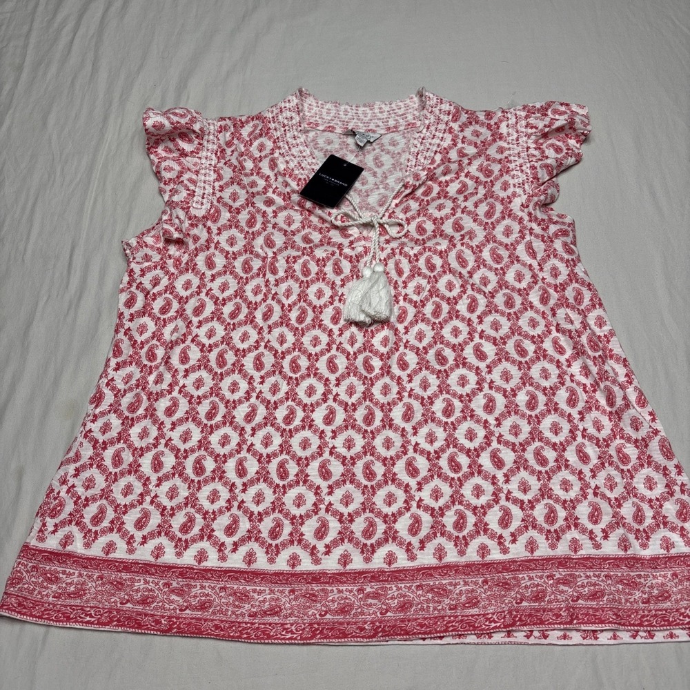 NWT Lucky Brand Boho Top Paisley Peasant Pink Summer Cotton Tassel